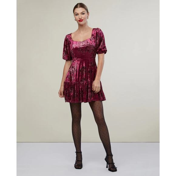 [Rachel Parcell] Maroon Floral Velvet Puff Sleeve Ruffle Mini Dress NWT Size 10 - Picture 1 of 12